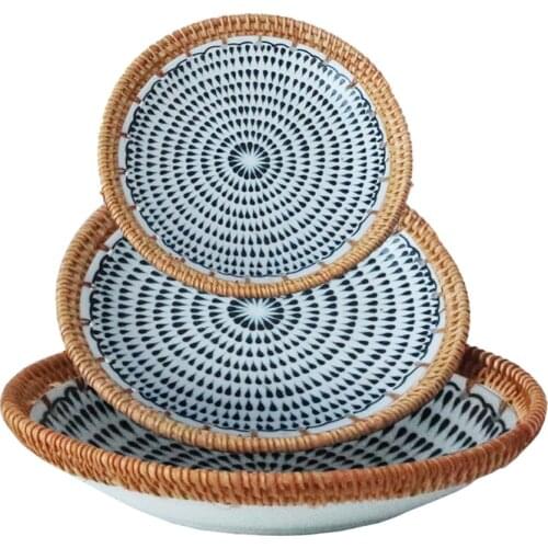 Porcelain Collection Fruit Plates Hand-woven Fruit Baskets Snack Storage Baskets