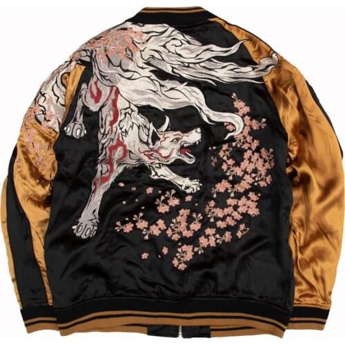 Mens High Quality Reversible Jacket Embroidered Sakura Nine Tailed Fox Baseball uniform High Street Fashion Plus Size Coats L