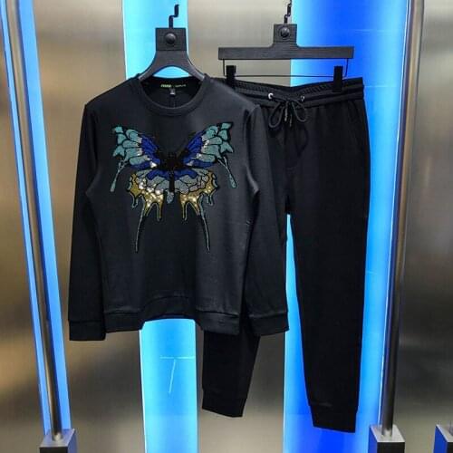 Mens Shiny Butterfly Luxury Plus Velvet Fashion Winter British Design Tracksuit Diamond Sets Thick Sweatshirt