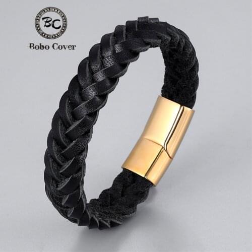 Wholesale Vintage Braid Genuine leather Bracelets Men Stainless Steel Buckle Charm Wrap bracelet for Boy Handmade Male Jewelry