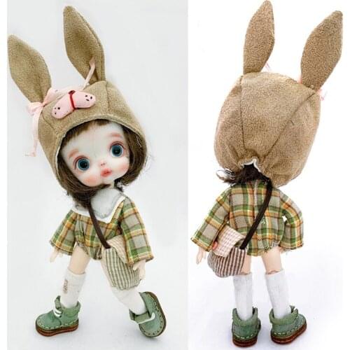 Obitsu 11 clothes 4 piece = long-sleeved shirt + rabbit ear hat + socks + school bag Ob11,gsc,1/12 bjd Doll Clothes Accessories