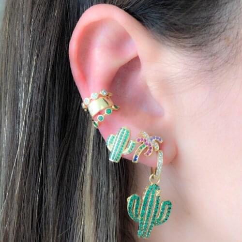 Cactus cz charm hoop huggie earring Gold color clear green sparking cubic zirconia tiny cute cactus charm Gorgeous earrings