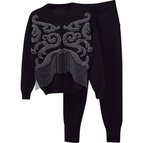 Black Gray Casual Knitted Set Women Tracksuit Spring Handwork Beading Tassel Sweater Long Pants Outfits Female Loose Knit Suit