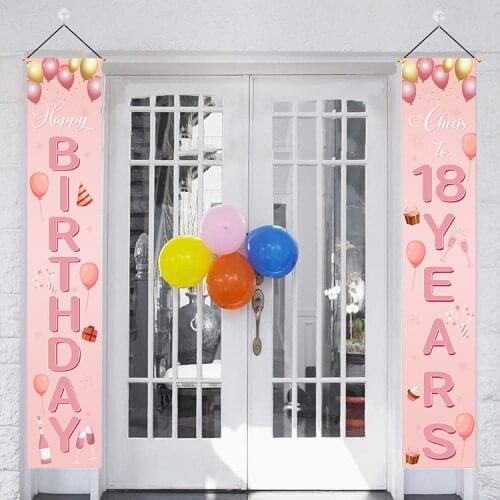 Pink 18 Year Birthday Door Banner Girl 18th Happy Birthbay Party Decor Rose Gold Balloon Cheer Princess Eighteen Birthday Ballon