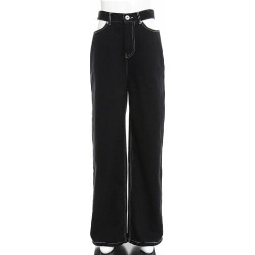 SeeBeautiful Wide Leg Jeans Lace Up Button Hollow Out Pockets Loose Denim Pants Woman Summer Autumn 2020 New Fashion T637