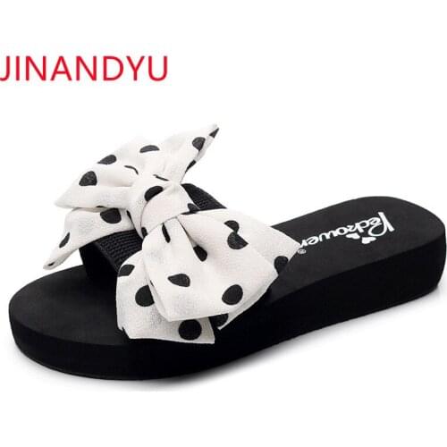 Bow High Heels Wedges Shoes for Women Platform Flip Flops White Black Heels Women Summer Slippers Casuales Beach Shoes Woman