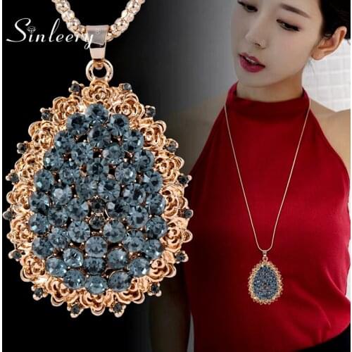 SINLEERY Shiny Waterdrop Pendant Necklace Antique Gold Color Long Chain Gray Zircon Crystal Neckalce For Women Jewelry MY033 SSA