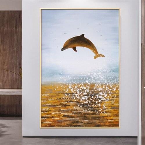 Modern home decoration wall art hand-painted oil painting animal fish dolphin koi gold foil canvas painting living room entrance