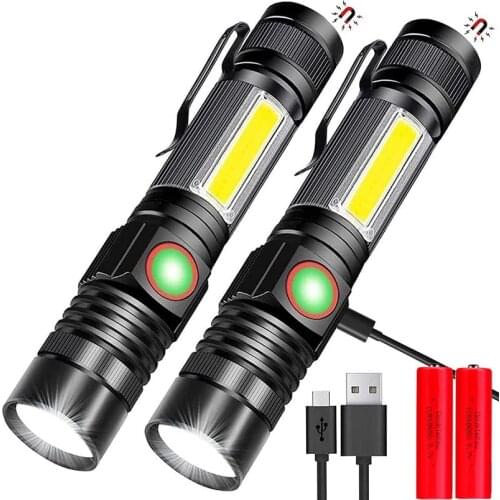 Super Bright LED Magnetic Flashlight Rechargeable Torch With COB Side Work Light Zoomable Camping fishing Flashlights with Clip