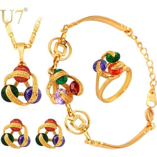 U7 Unique Design Zircon Necklace Set Wholesale Gold Color Cubic Zirconia Trendy Bridal Jewelry Sets For Women S620