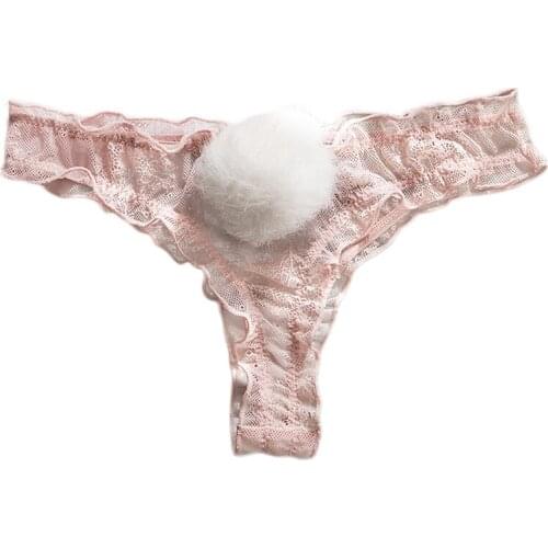 Women Sexy See-Through Lace Panties Briefs Cute Removable Rabbit Tail Pompom Underwear G-String Low Rise Cosplay Lingerie Thong