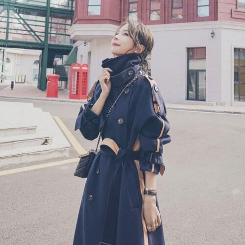 2021 winter clothes womens fashion double row buckle strap slim long wool coat contrast stitched over knee woolen coat