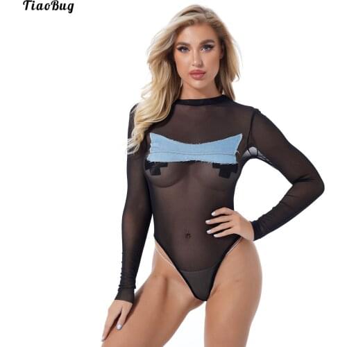 TiaoBug Women Denim Patchwork High Cut Bodysuit Clubwear Mock Neck Long Sleeve See-Through Mesh Leotard