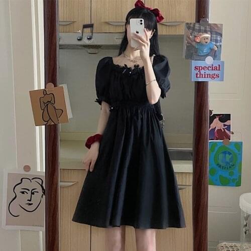 French First Love Square-Neck Cinched Slimming Puff Sleeve Short Sleeve Small Black Dress for Women Summer 2021 New Lolita dress
