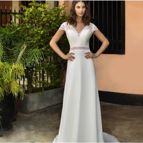 V-Neck Backless A-Line Wedding Dresses 2021 Beach Bridal Dress Sweep Train Cap Sleeve Bohemian vestidos de noiva