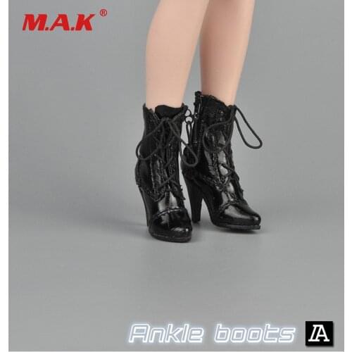 ZY16-28 Black/White Colors 1/6 Female Black Ankle High-Heel Boots Shoes With Foot for 12" Woman Figure Body