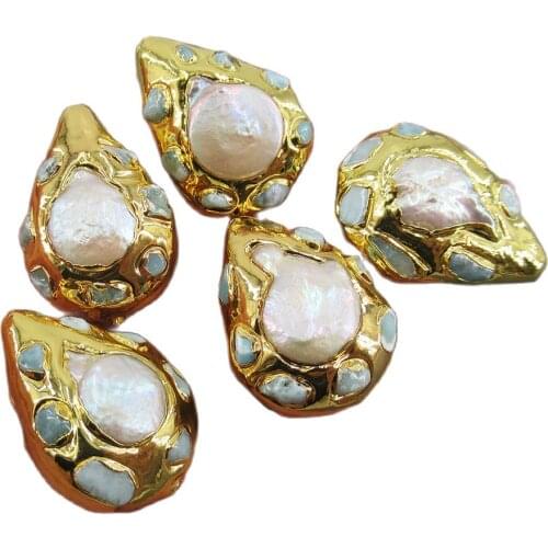 APDGG Wholesale 5 Pcs Waterdrop Shape Blue Larimar White Coin Pearl 24K Gold Plated Edge Beads For DIY Jewelry Findings