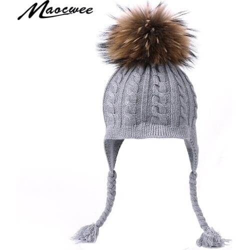 Children PomPon Women Hat Baby Beanies Caps Knitted Skullies Hats Autumn Winter Warm Crochet Cap Pure Colour Nature Fur Raccoon