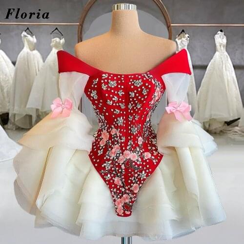 Elegant White and Red Lace Beading Evening Cocktail Dresses With Off the Shoulder Middle East Women Prom Dress Long Sleeve Party