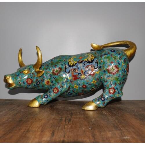 Chinese temple collection Old Bronze Cloisonne Enamel Stocks Wangcai Bull Statue Zodiac Ox Office Ornaments Town House Exorcism