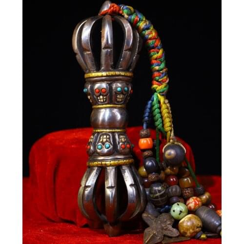 Tibet Temple Collection Old Tiantie Engraved mosaic Gem Skull Head statue Dorje Vajra Phurpa Pendant amulet Town House Exorcism