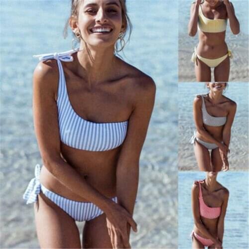 Sexy One Shoulder Bikini Set Women Bandage Bow Lace Up Swimwear Women Swimsuit Striped Bathing Suit Female Push Up Bikini 2022
