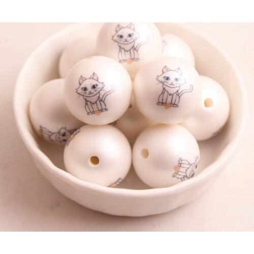 OYKZA New Custom 20mm 100pcs Fashion Color Acrylic Matte Imitation Pearl Print Cat Beads for Chunky Girls Necklace Jewelry