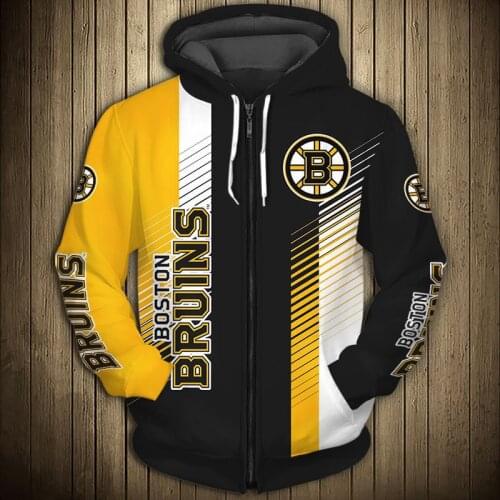 Boston mens casual 3D zipper hoodie Graffiti letter B black and yellow stripes print Bruins sweatshirt