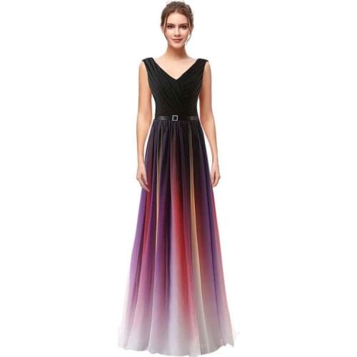 Charming Gradient Color Evening Dresses with Sashes V-neck Sleeveless Formal Party Gowns Chiffion A-line Evening Gowns for Women
