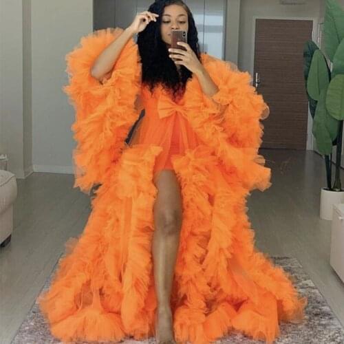 Orange Maternity Dresses for Photoshoot Fluffy Luxury Ruffles Pajamas Party Nightgowns Custom Made Pregnacy Gowns Shoot