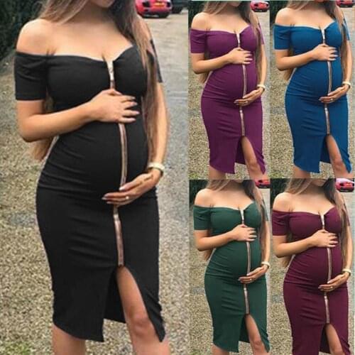 Hot new ladies pregnant solid color comfortable short-sleeve word shoulder zipper sexy dress explosion models maternity dress