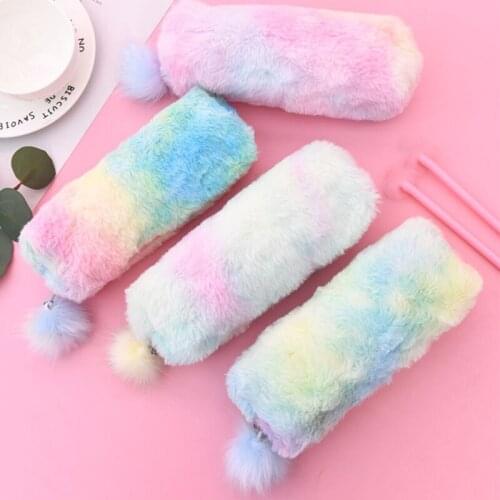 Plush Ball Pencil Case Gradient Color Lovely Stationery Storage Bag Educational Supplies Gifts for Girls NK-Shopping