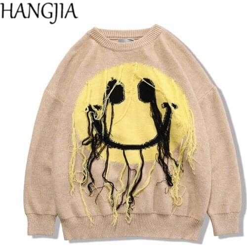 Harajuku Hip Hop Smiley Pullover Sweater Men Oversize All-match Knitted Sweaters Women Tassel Sweater Swag Mens Clothing