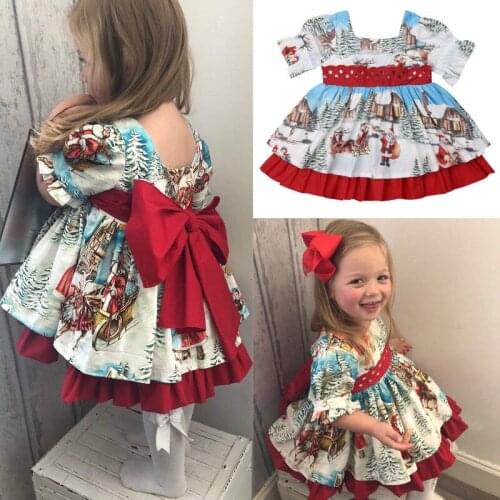 2018 Brand New Toddler Kid Baby Girl Dress XMAS Flared Party Santa Snow Bow Tutu Princess Dress Clothes Christmas Outfit 1-6Y