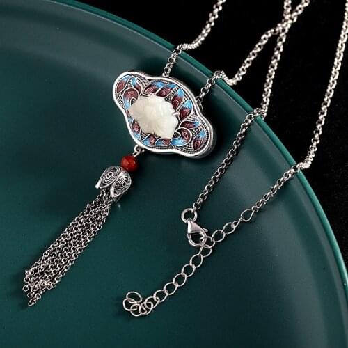 S925 Silver Jewelry Womens Burnt Blue Lotus and Tian Jade Necklace