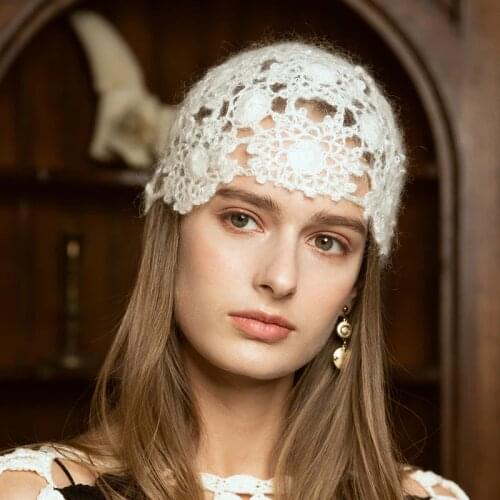 X037 Adult Hand-Woven Wool Hats Breathable Woolen Cap Autumn Flower Knitted Hollow-out All-match Hood Green Hats Adjust