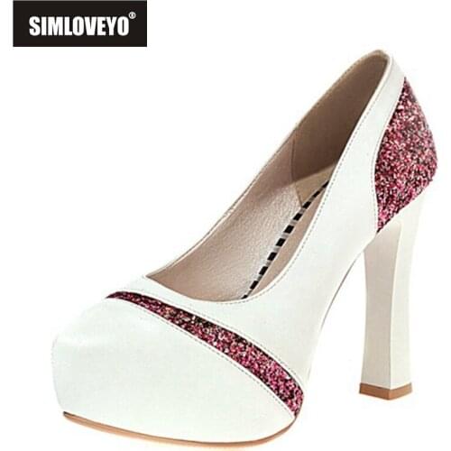 SIMLOVEYO 2021 Office Lady Elegant Pumps Glitter Platform Slip On Pointed Toe 11.5CM Spool Heel US12 Black Red Gold Sliver A4460