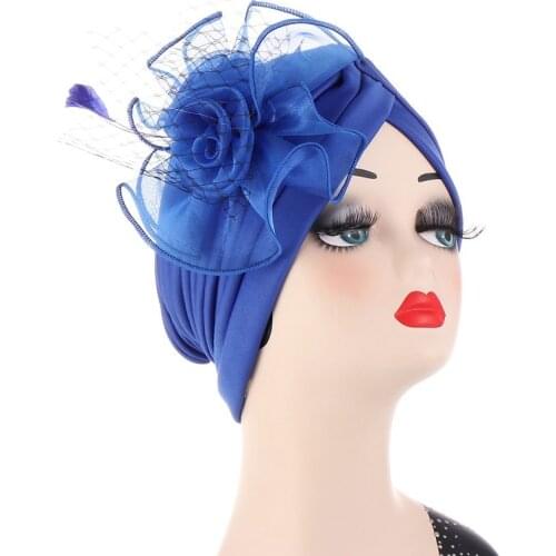 Feather Flowers Turban Bonnet for Women Muslim Turban Scarf Female Wrap Head Hat Islamic Headwear African India Cap Turbante