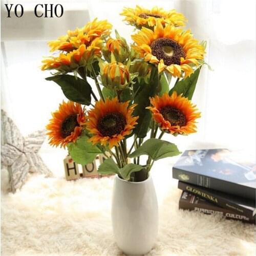 YO CHO Silk Fake 3 Heads Artificial Sunflower Wedding Decoration Peony Flowers Party Eustoma Fleurs Hogar Christmas Plants