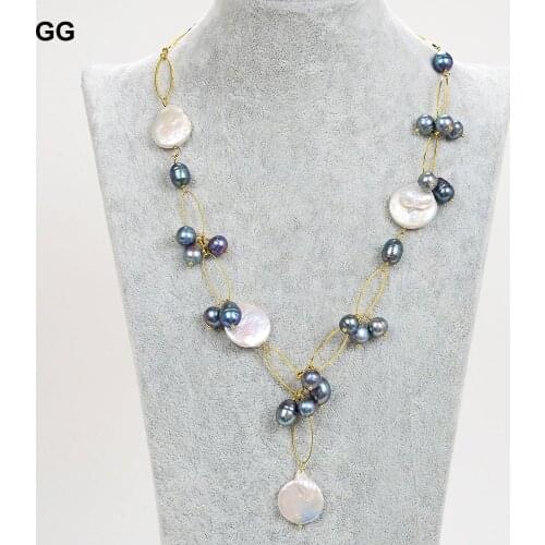 GuaiGuai Jewelry 21" White Coin Pearl Black Rice Pearl Chain Necklace