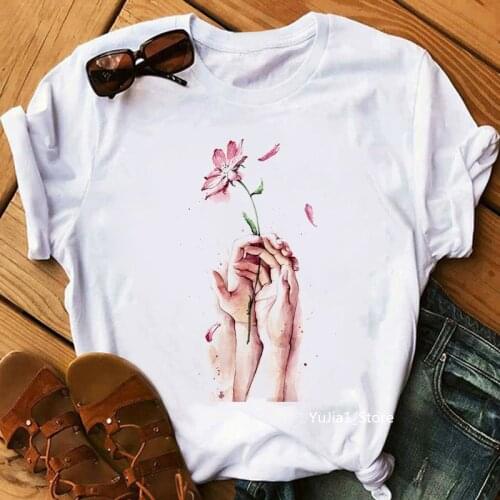 Watercolor Holding Hands Flowers Print Women T-Shirts Romantic Couples Tshirt Femme White Casual T Shirt Female Streetwear