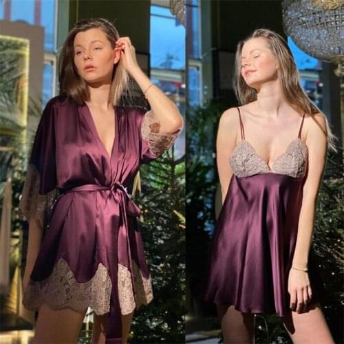 Two Pieces Wedding Sleepwear Lace Appliqued Soft Silk Satin Short Night Gown For Women Long Sleeves Custom Made Woman Pajamas
