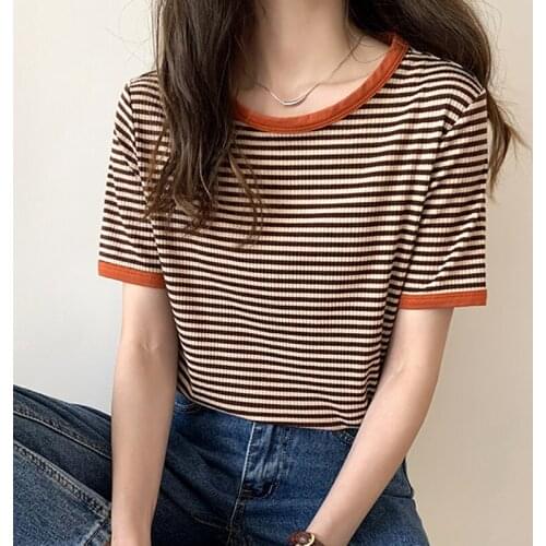 Striped Tee Shirt Woman Clothes Vetement Femme 2021 Summer New Short Sleeve Korean Fashion Casual Tops O-Neck T-Shirt