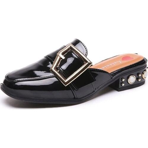 New Style Bag Spring and Summer Half Female Slippers with Square Buckle Ladies Slippers Pearl Square Toe Thick Heel