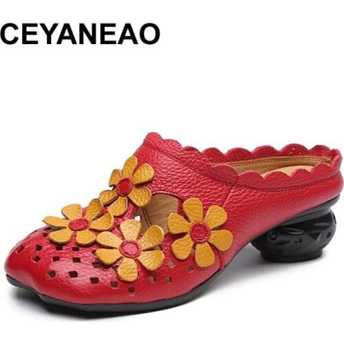 CEYANEAO Womens Fashion Outside Slippers Handmade Comfortable Slides Genuine Leather Baotou Hollowed-out Casual Womens shoes