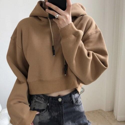 2021 New Autumn High Waist Open Navel Short Hooded Loose Long Sleeve Top Thick Solid Color Clothing X638