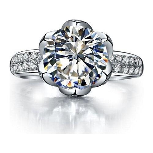 Genuine 14K 585 White Gold Lotus Flower Superb Test Positive 3Ct Moissanite Ring For Women Statement Jewelry Gift
