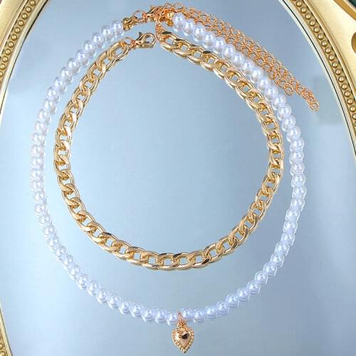 JUST FEEL Punk Multi Layer Pearl Heart Pendant Necklace for Women Collar Statement Gold Color Metal Cuban Chain Necklace Jewelry