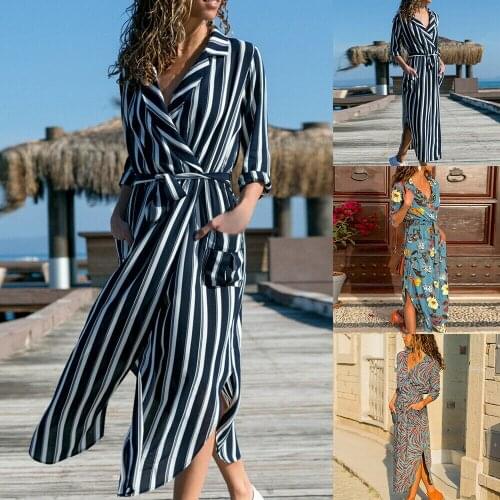 Frauen V-Ausschnitt Langarm Kleider Kleid Wrap Split Beach Dress UrlaubH/J TT-888