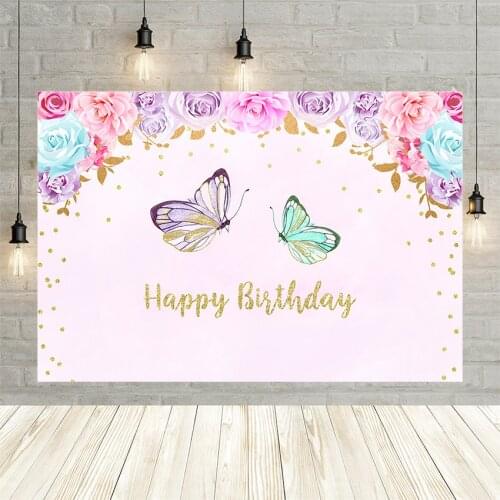Avezano Girls Happy Birthday Party Photo Background Princess Pink Flower Butterfly Backdrop Spring Gold Glitter Dots Baby Banner